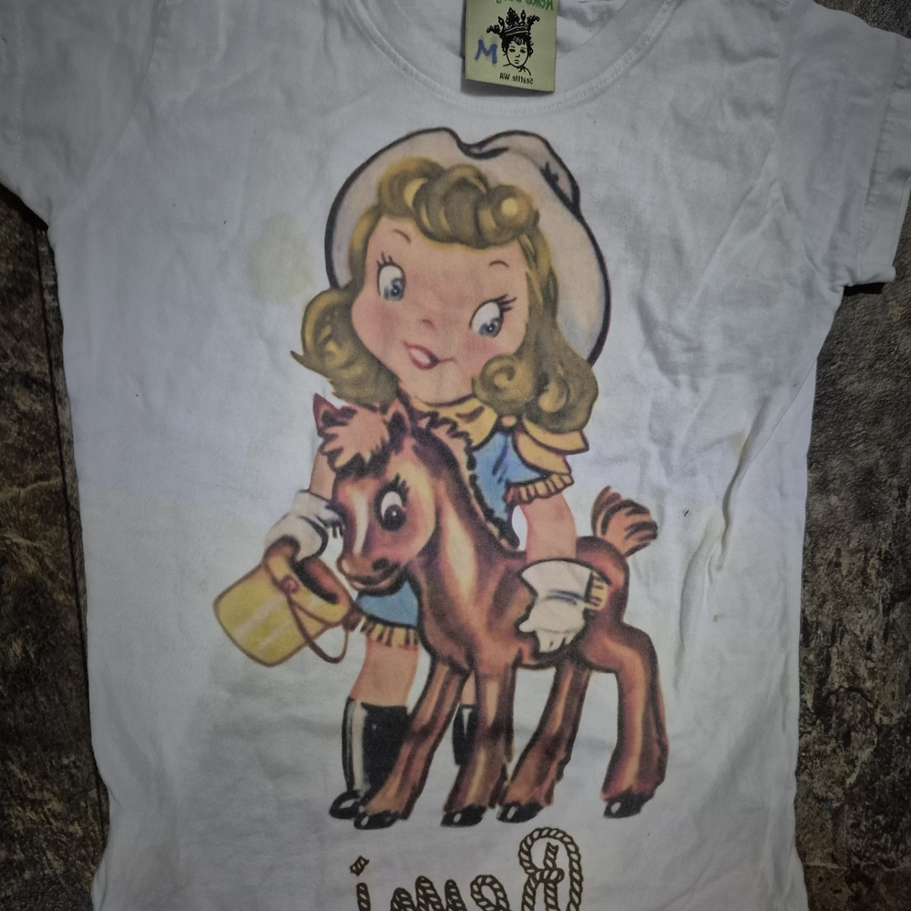 Source Unknown White Short Sleeve Tee with Cartoon Print